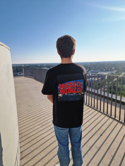 Men wearing a Coder / Programmer t-shirt with the "Hello World" Design from Clean Coder Club