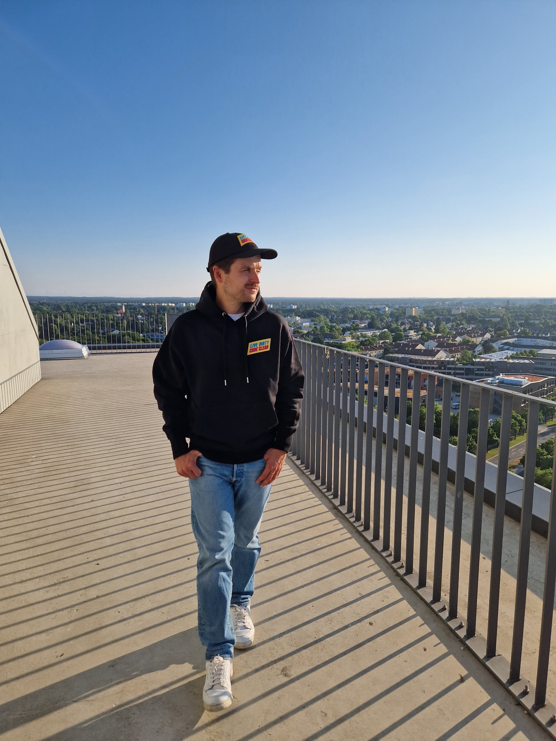 Men wearing a Coder / Programmer hoodie with the "Live Dirty, Code Clean" Design