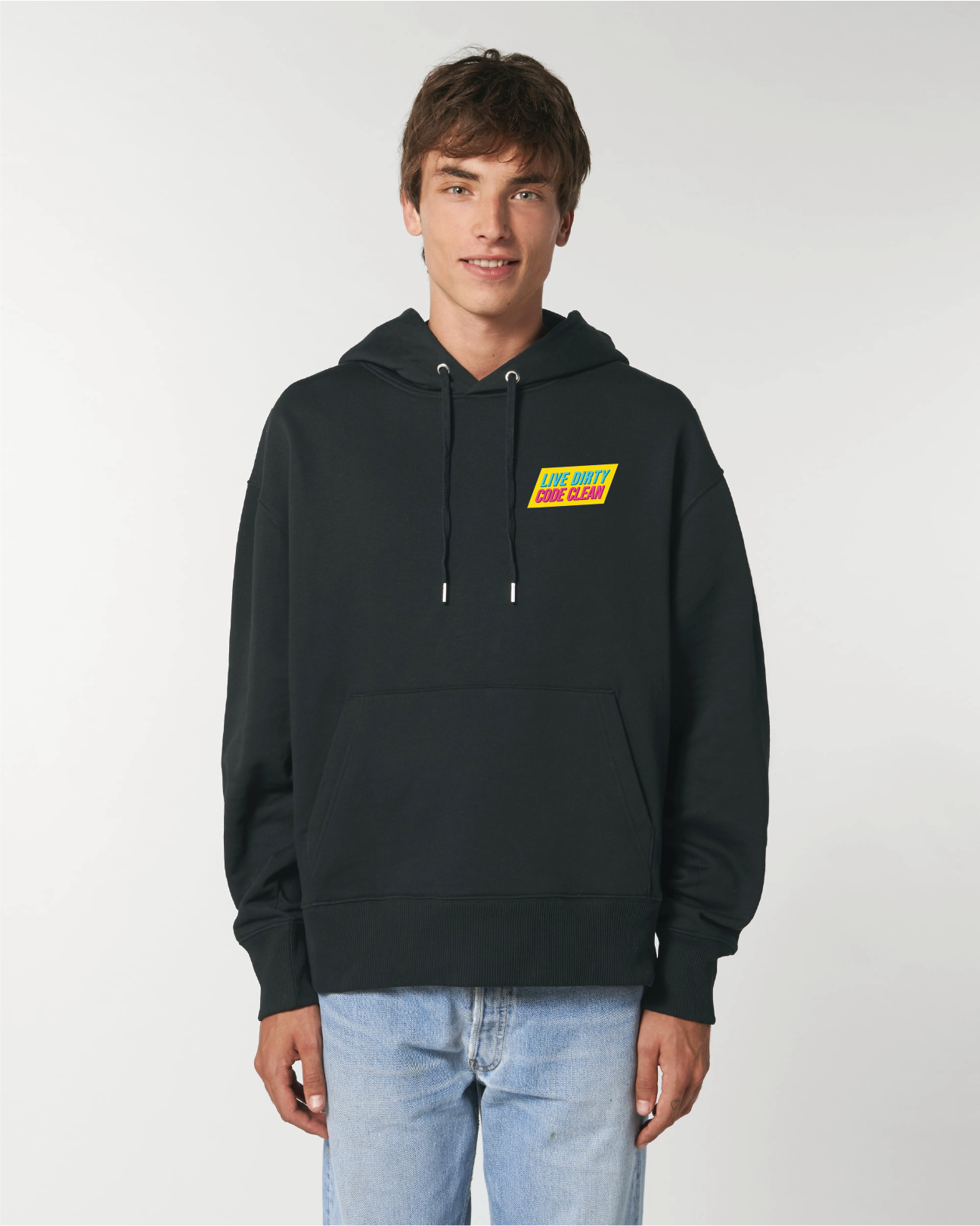 Men wearing a Coder / Programmer hoodie with the "Live Dirty, Code Clean" Design