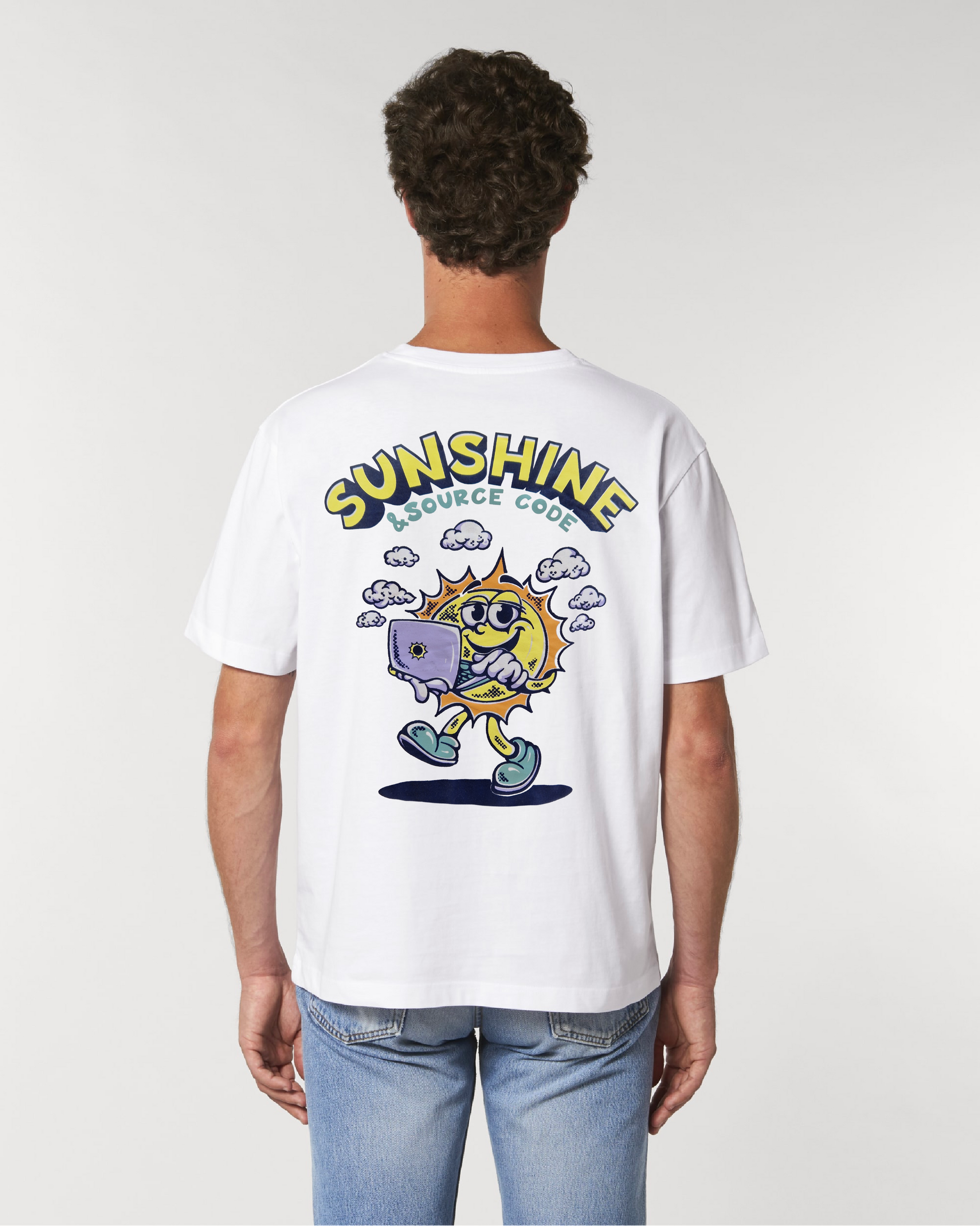 Men wearing a Coder / Programmer t-shirt with the backprint "Sunshine & Source Code"
