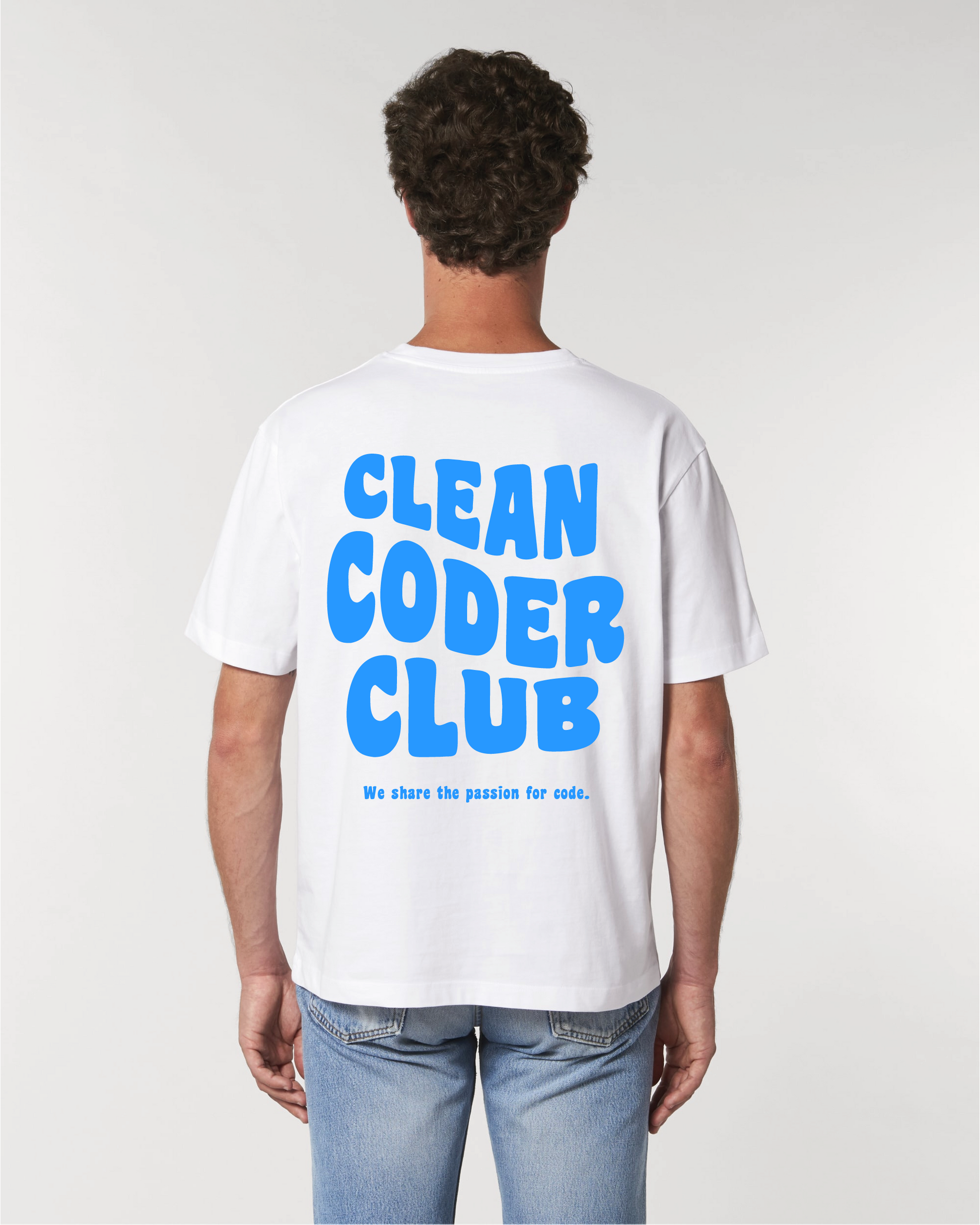 Men wearing the Coder / Programmer t-shirt "Clean Coder Club" in white