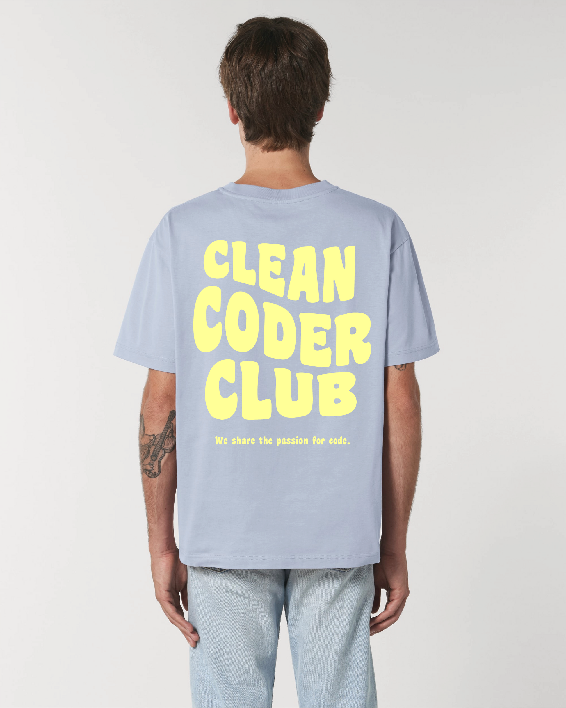 Men wearing the Coder / Programmer t-shirt "Clean Coder Club" in blue