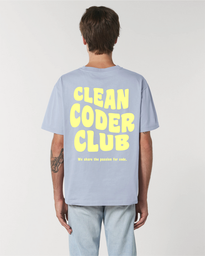 Men wearing the Coder / Programmer t-shirt "Clean Coder Club" in blue
