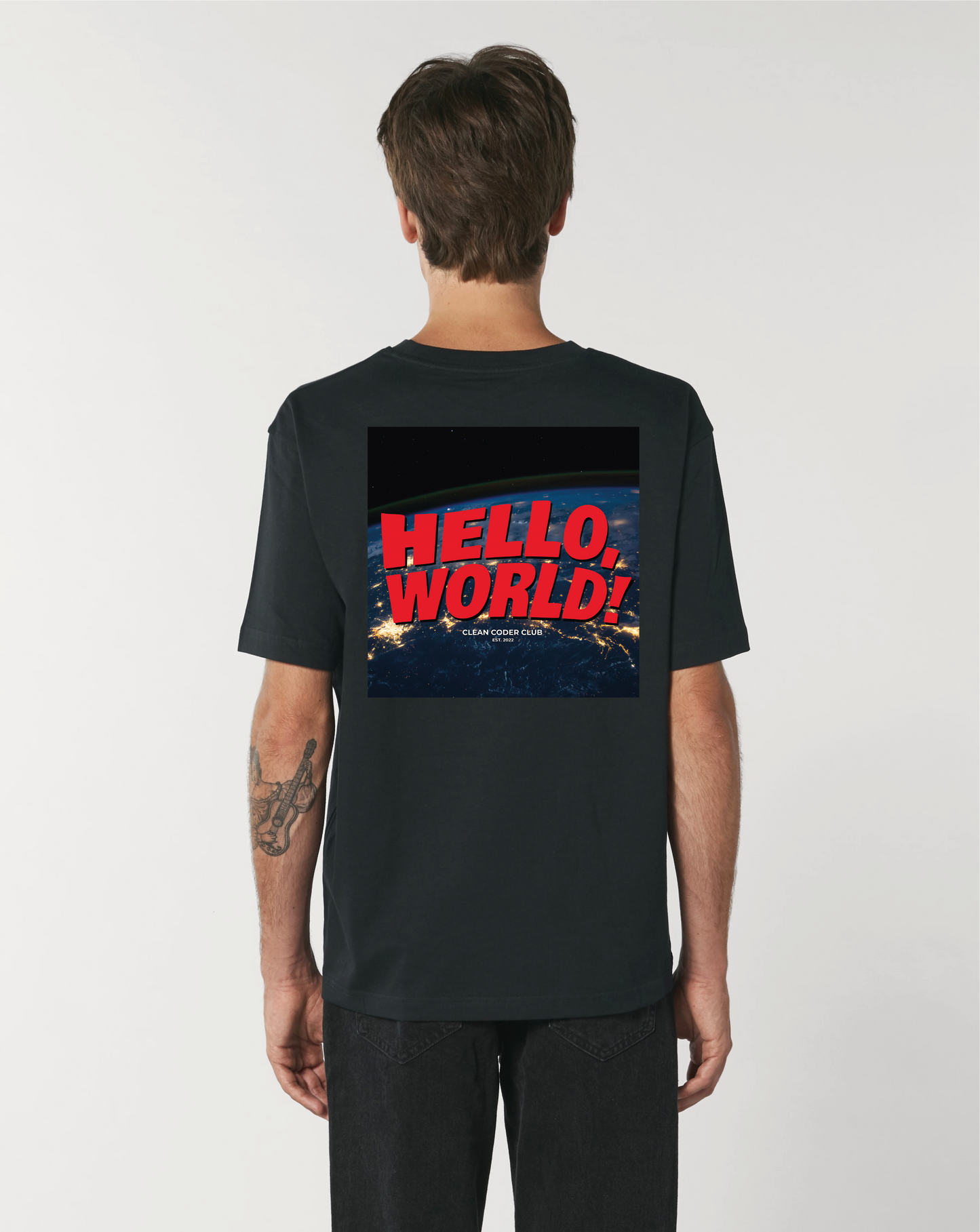 Men wearing a Coder / Programmer t-shirt with the "Hello World" Design from Clean Coder Club