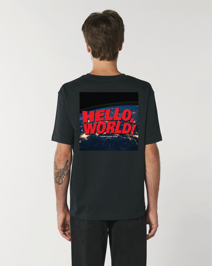 Men wearing a Coder / Programmer t-shirt with the "Hello World" Design from Clean Coder Club